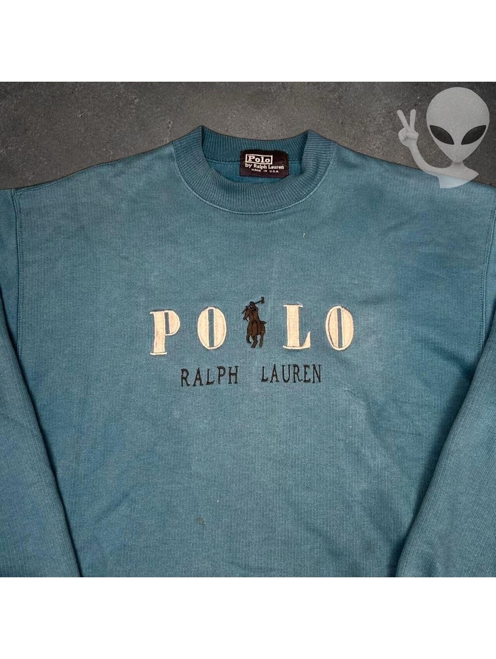 Polo Ralph Lauren Sweatshirt Mens US S Teal Blue Vintage Spellout Crewneck - Picture 3 of 5